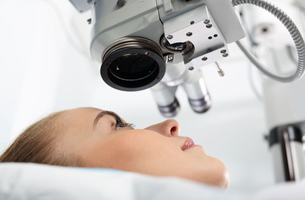 A close-up of a woman in the operating room during Laser Iridotomy.