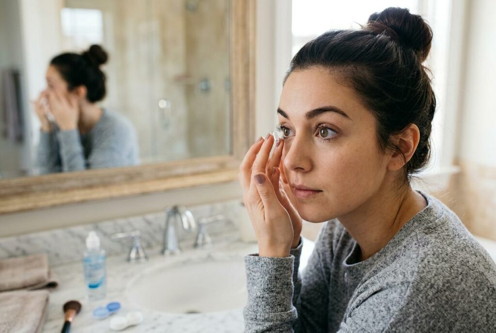 Woman inserting a contact lens in a bathroom, with a mirror, sink, contact lens case, and makeup brush visible behind her.