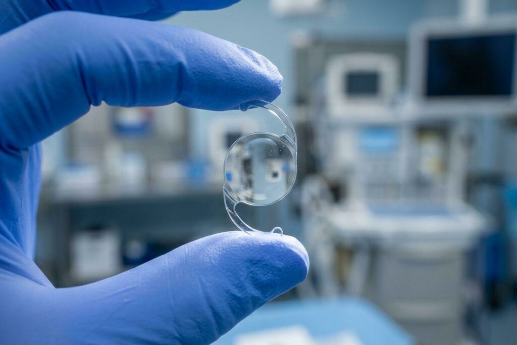 Gloved hand holding a small clear intraocular lens implant in a surgical suite with medical equipment blurred in the background.