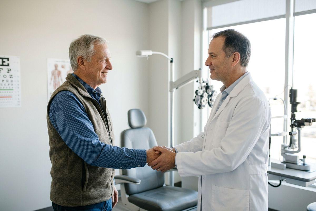 Older adult patient and optometrist shaking hands and smiling in an eye exam room with an eye chart and phoropter visible.