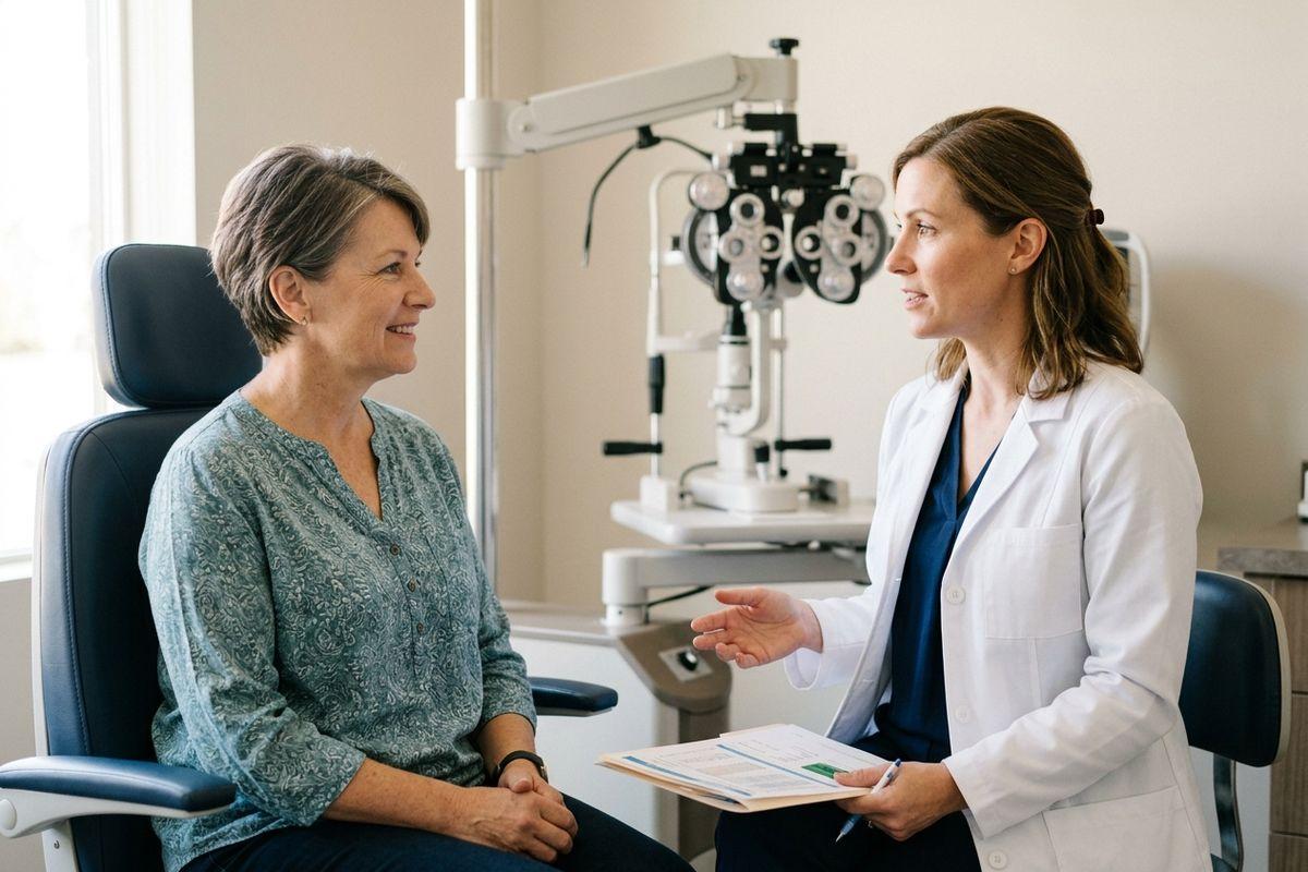 Optometrist holding a clipboard speaks to a smiling adult patient seated in an exam chair, with a phoropter visible behind them.