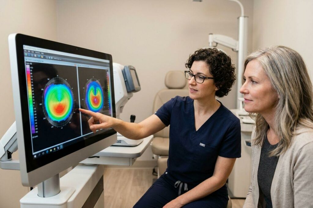 Optometrist pointing at colorful corneal topography maps on a monitor while a patient looks on in an eye exam room.