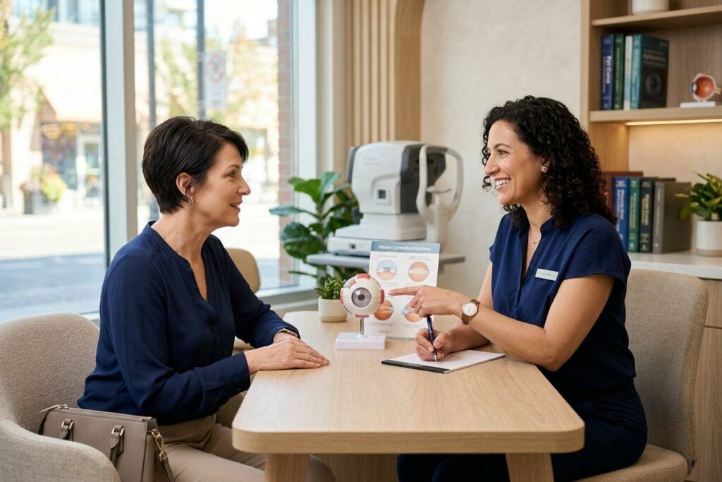 Optometrist smiling and pointing to an eye model on a table while consulting with a patient in a bright clinic office.