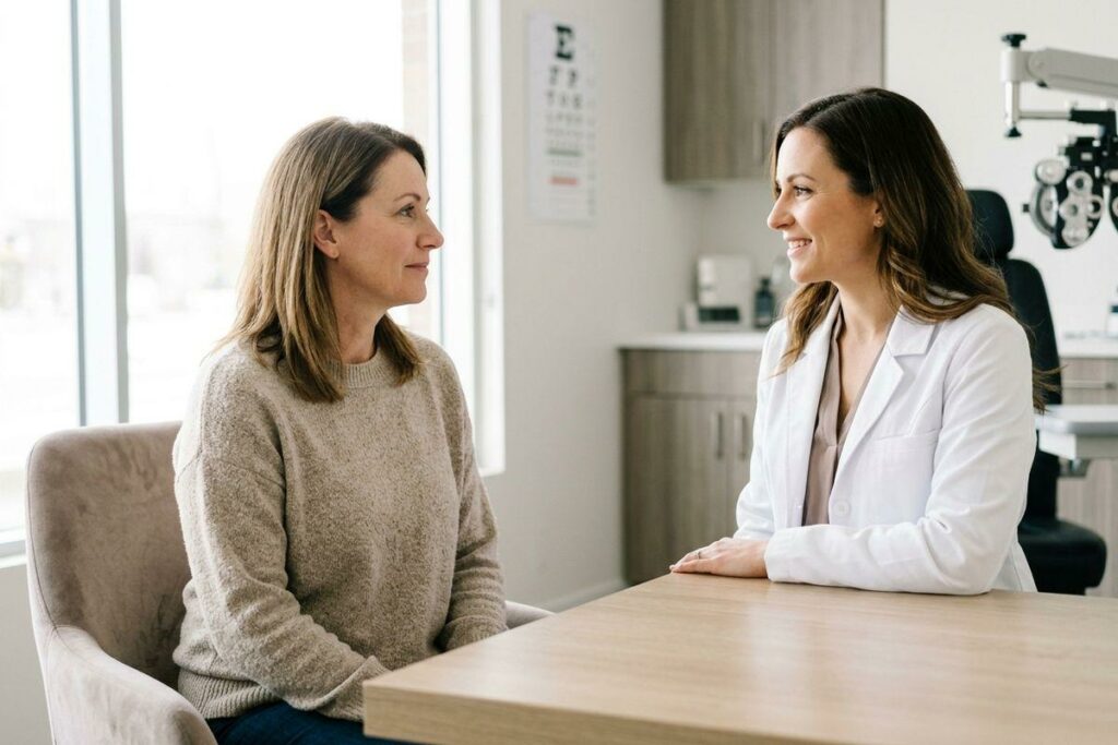 Optometrist smiling while consulting with a patient across a desk in an eye exam room with a vision chart and phoropter visible.