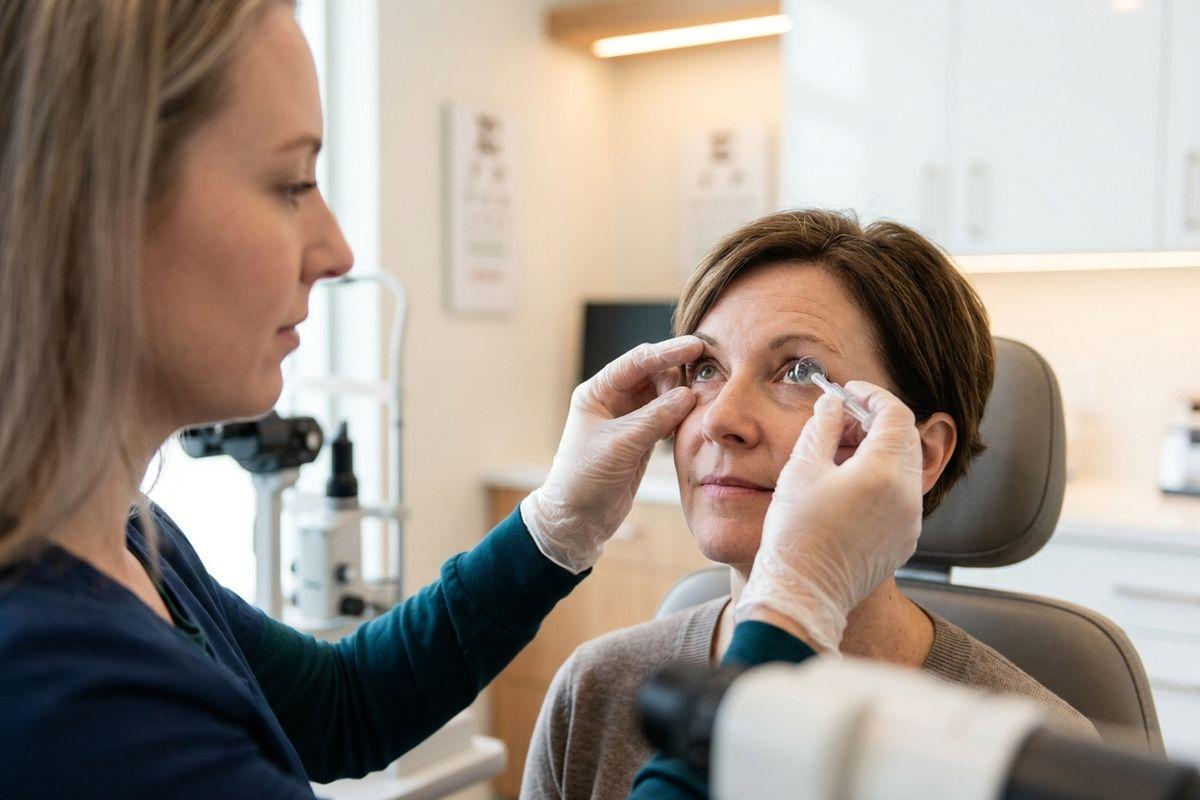 Optometrist wearing gloves applies eye drops to a seated adult patient's eye in an eye exam room.