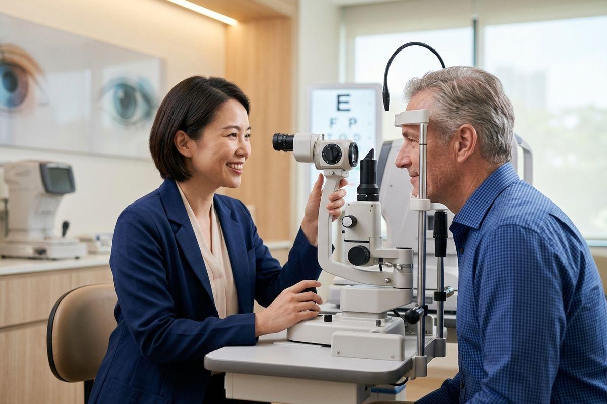 Smiling optometrist operates a slit lamp during an eye exam with an adult patient seated across from the device in a clinic.
