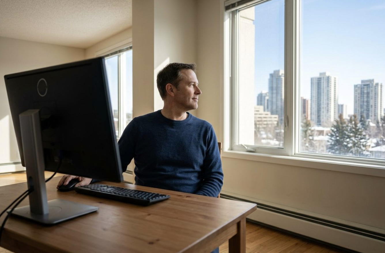 Adult in a blue sweater sits at a wooden desk with a monitor and keyboard, looking out a window toward city high-rises.