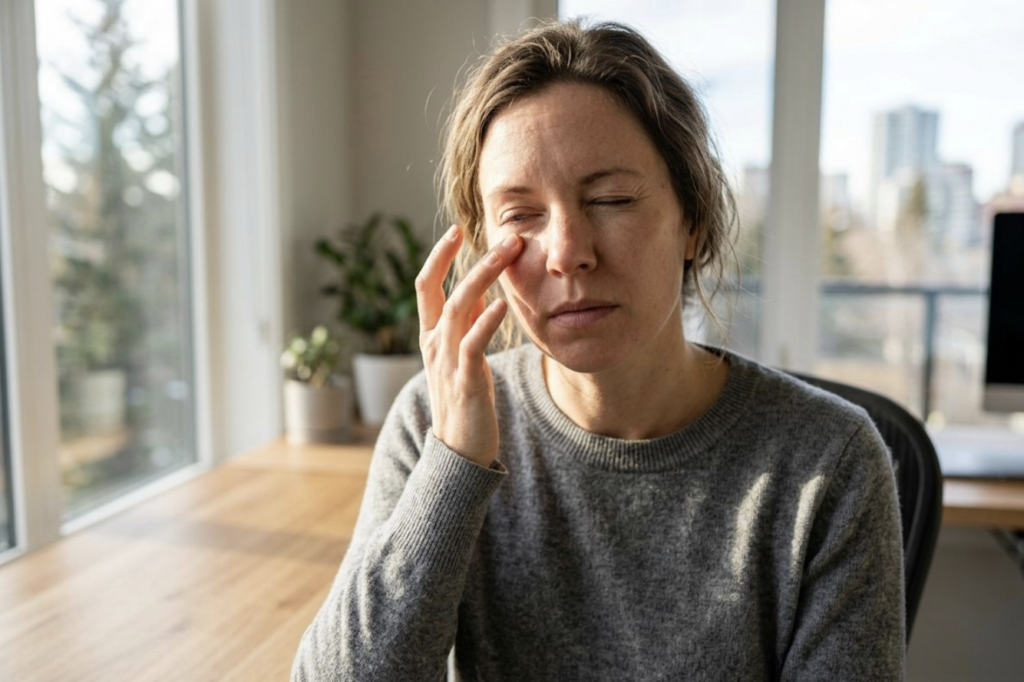 Adult in a grey sweater sitting at a desk by large windows, eyes closed and rubbing one eye with their fingers.