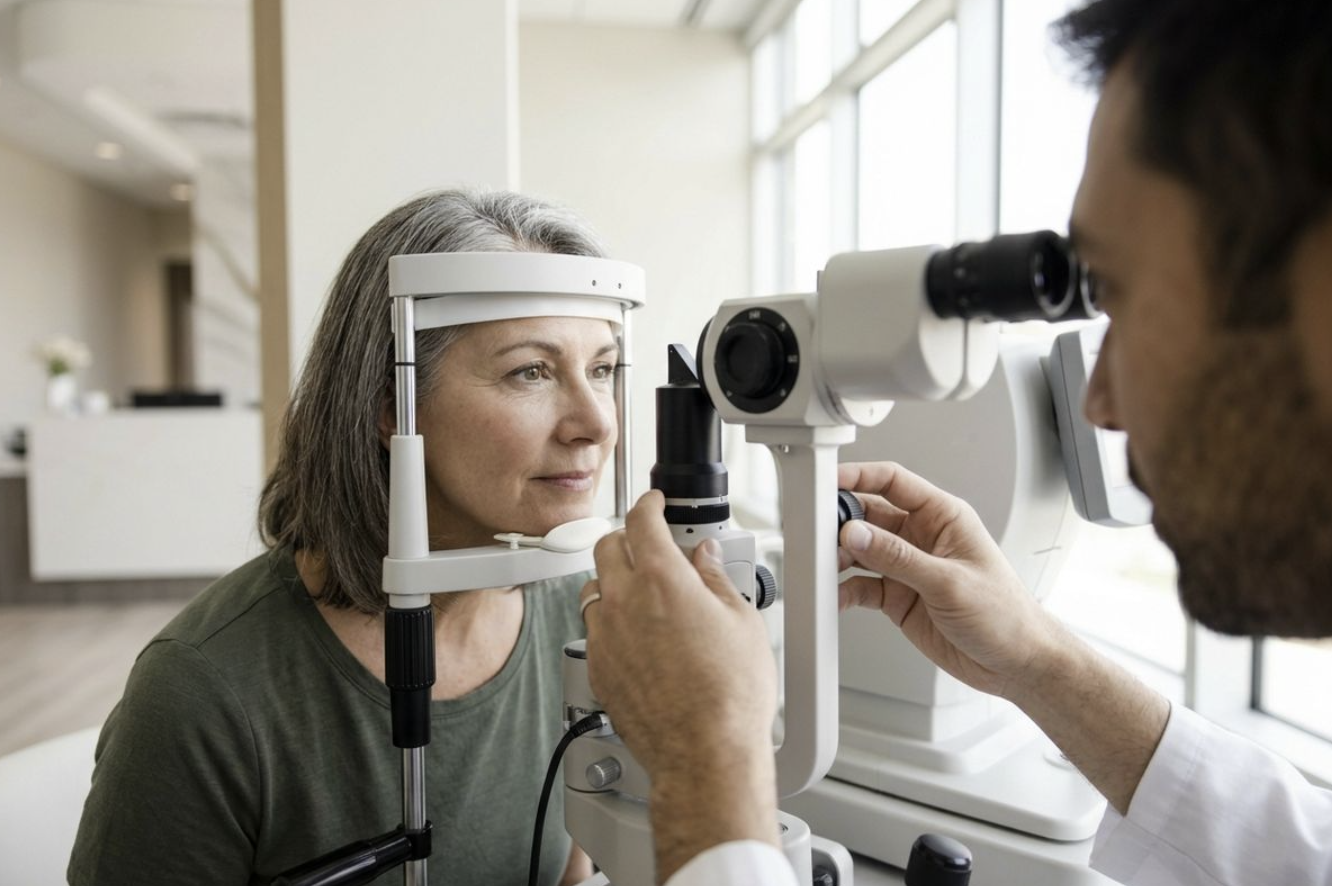 Optometrist examines an adult patient's eyes with a slit lamp in a bright clinic; the patient rests their chin and forehead in the device.
