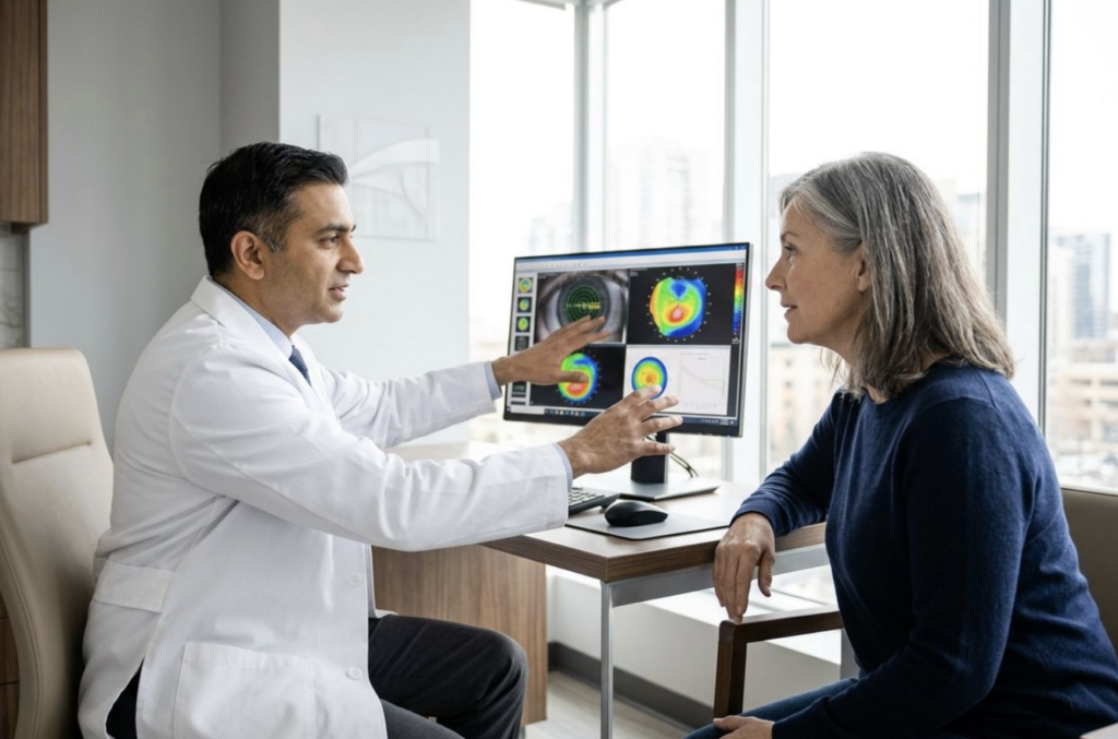 Optometrist points to a monitor showing colour eye scans while explaining results to a seated patient in a bright office.
