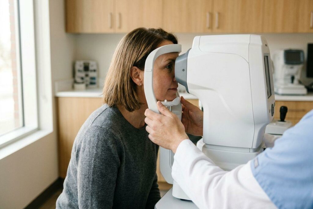 Adult patient looking into an eye imaging machine while an optometrist positions the device during an eye exam.