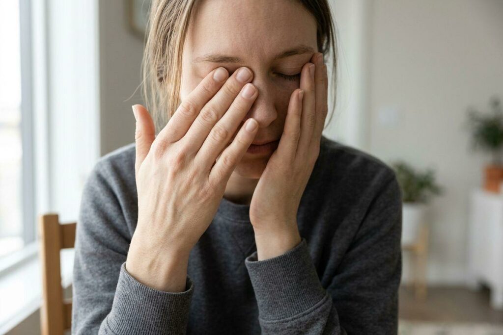 Adult pressing both hands over their closed eyes while seated indoors, eyes shut and head tilted down.