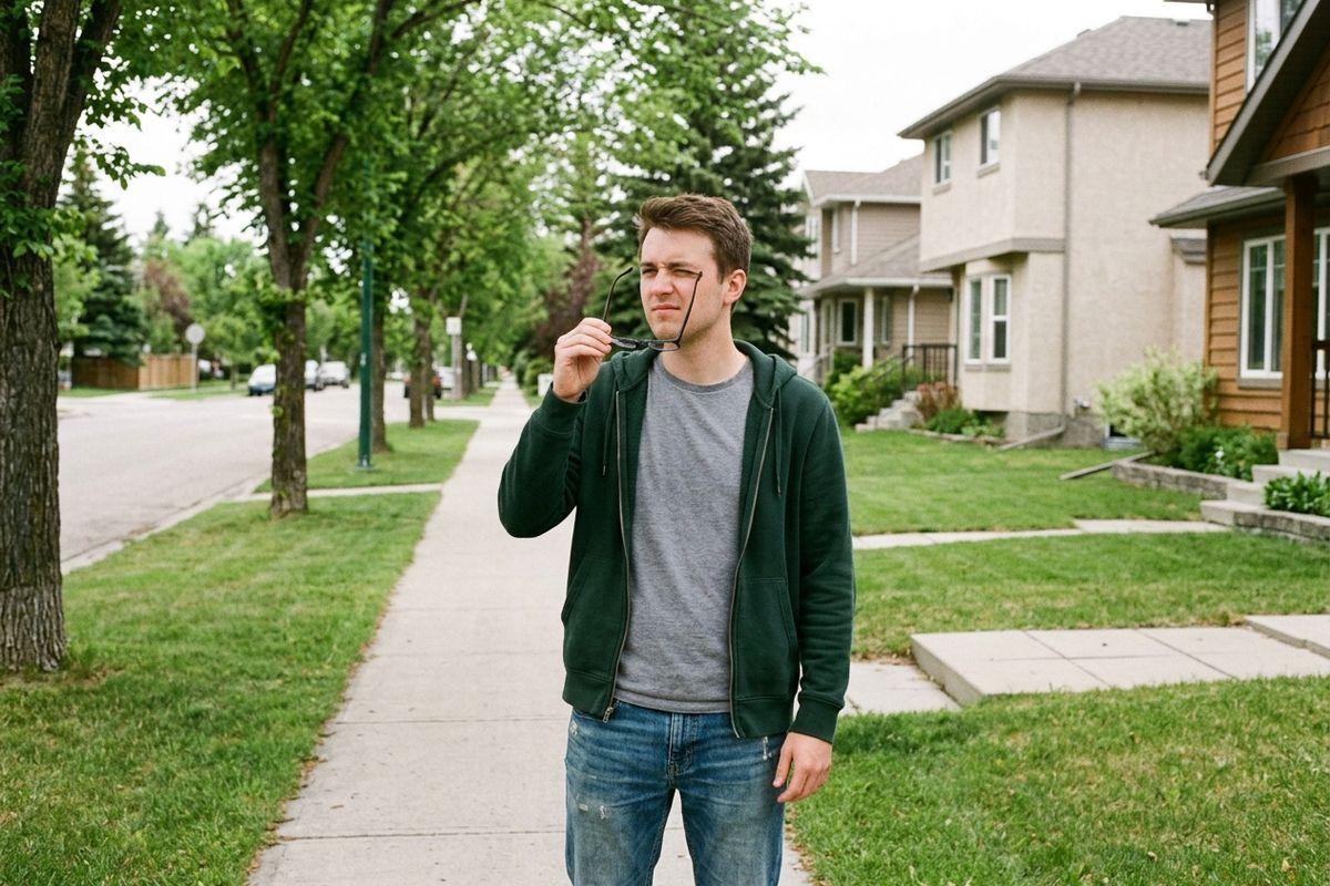 Adult standing on a suburban sidewalk, holding sunglasses near their face with a squinting expression, trees and houses in the background.