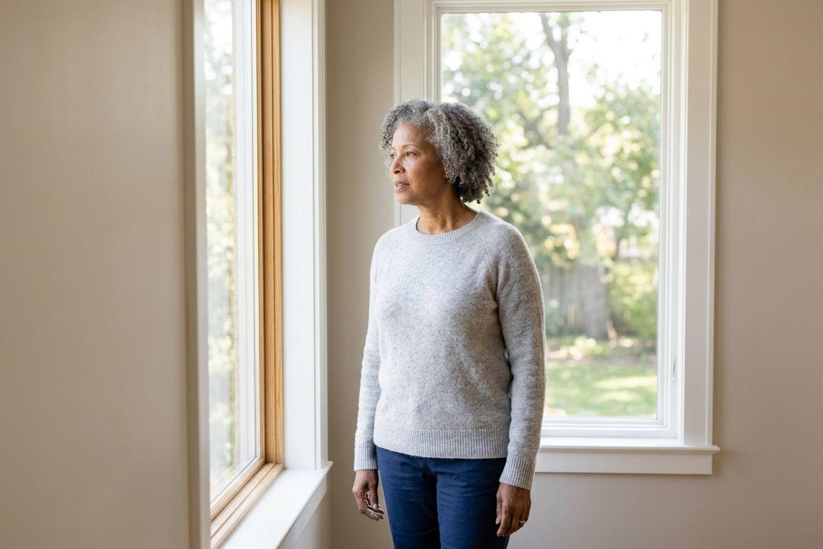 Older adult with grey curly hair standing indoors, gazing pensively out a sunlit window toward a green yard.